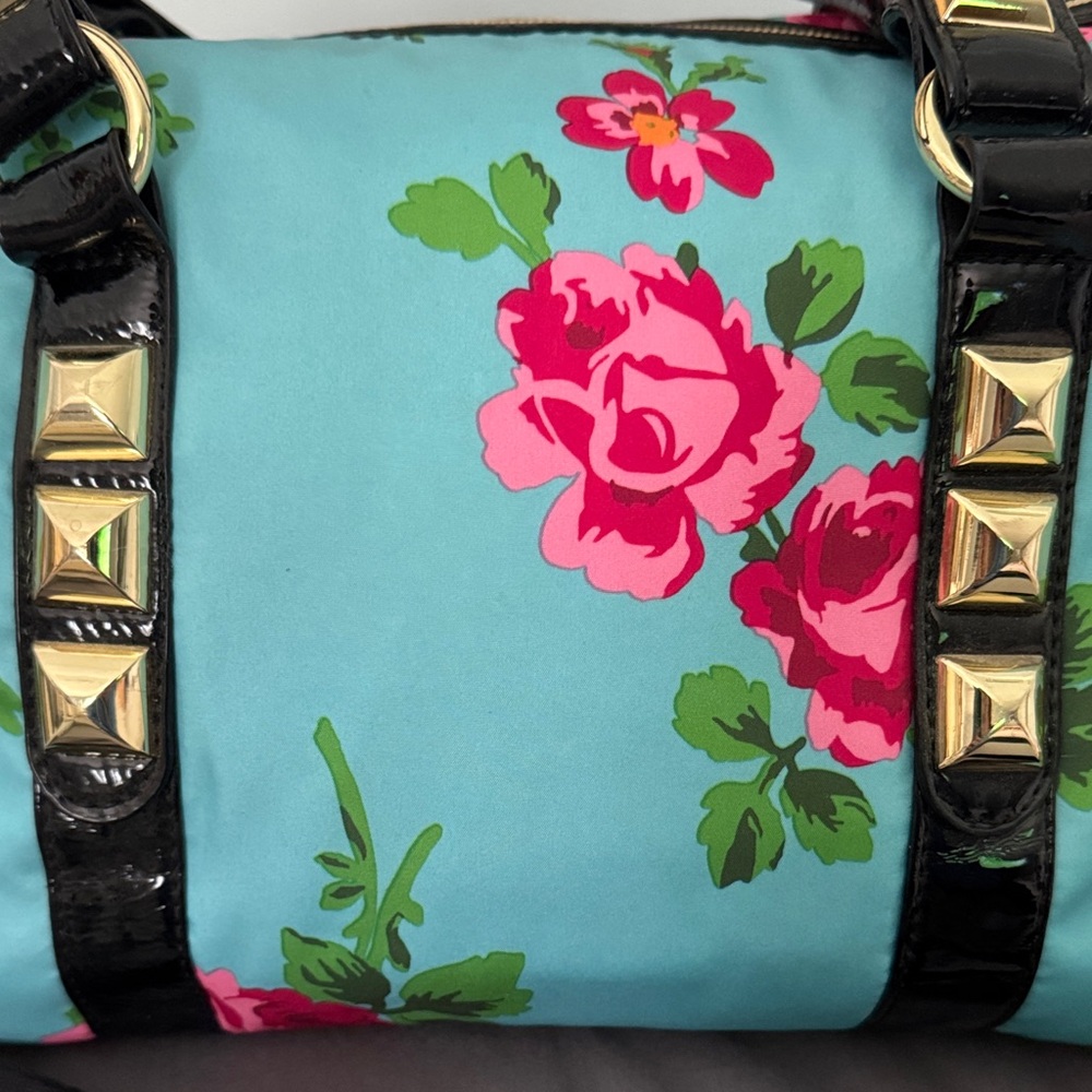 Betsey Johnson Turquoise Satchel with Pink Rose Print - Picture 2 of 7